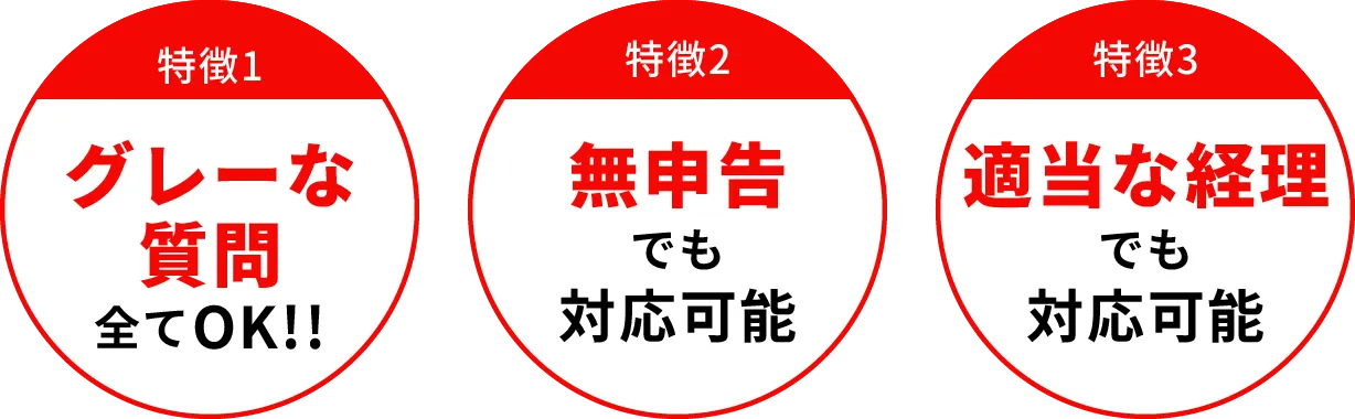 グレーな質問全てOK!! 無申告でも対応可能 適当な経理でも対応可能